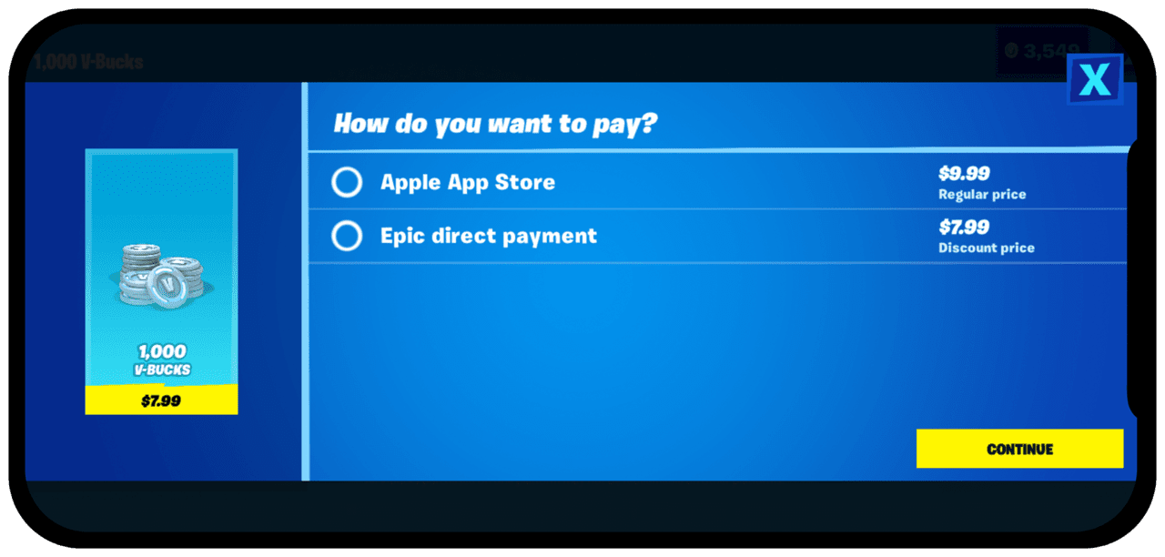 Fortnite's new direct payment method on iOS devices, prior to App Store removal.