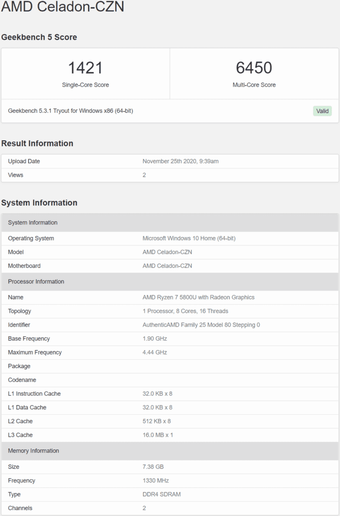 AMD Ryzen 7 5800U 8 Core Cezanne APU With AMD Zen 3 Core Architecture_Leaked Benchmark